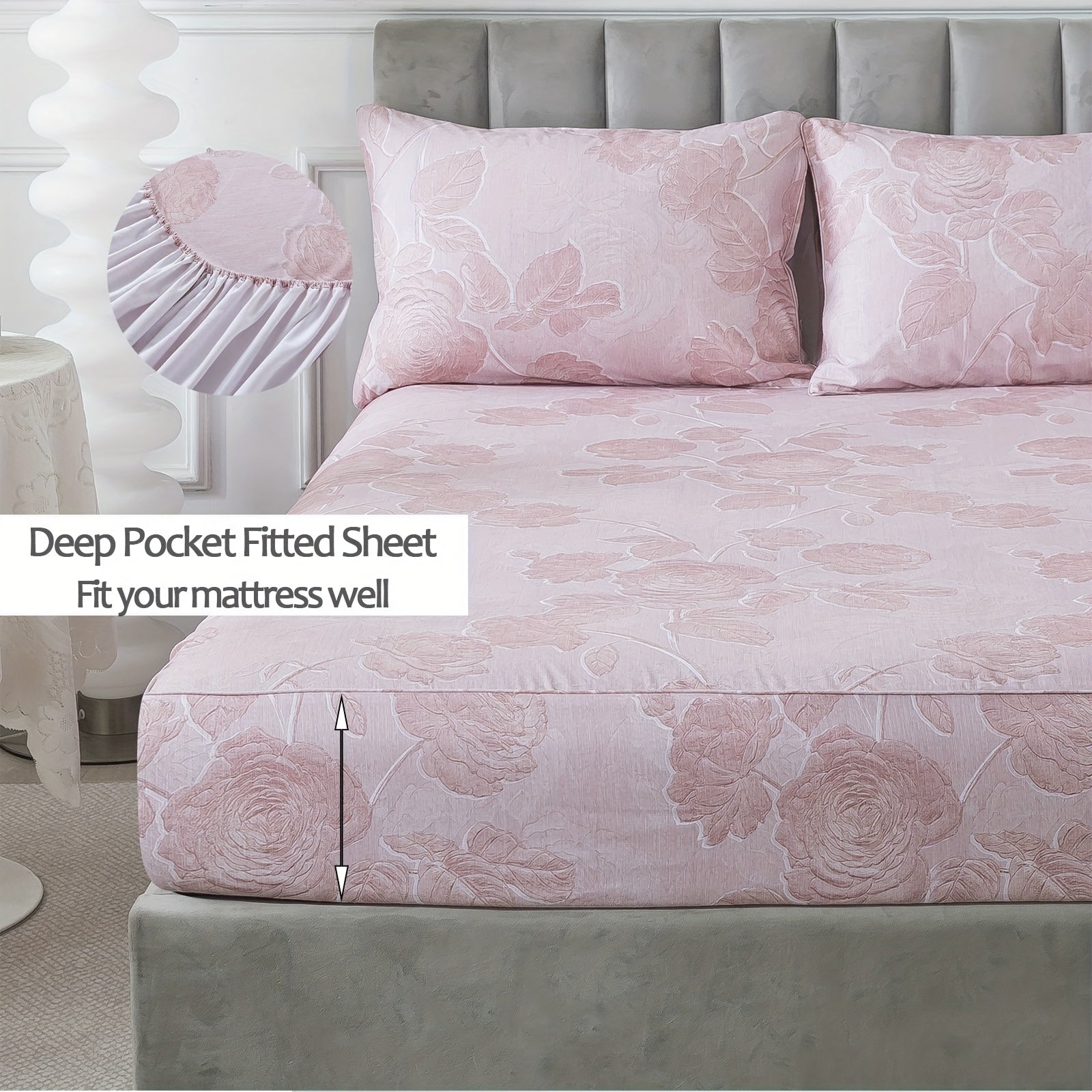 Pink Vintage Floral Sheets Set 100% Brushed Cotton Shabby Rose Flower Pattern Bedding Set Deep Pocket Sheets With 2 Pillowcases Luxury Breathable Soft 4pcs