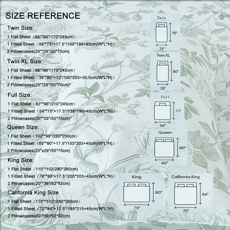 Elegant Peony Floral 4pcs Bedding Set - Soft & Breathable 100% Egyptian Cotton, Deep Pocket Fitted Sheet and Pillowcases (1 Flat Sheet + 2 Pillowcases) - Vintage White & Green, Perfect for All Seasons, Machine Washable, Twin Size