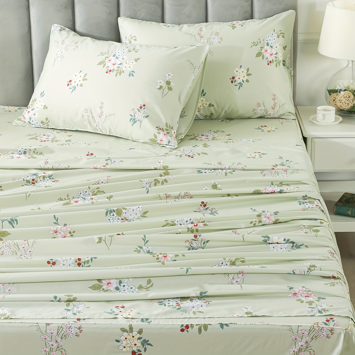 Floral Bed Sheet Set Percale Cotton Shabby Vintage Chic Rose Deep Pocket Sheets Sage Green Flower Printed Luxury Bedding Super Soft Breathable 4pcs