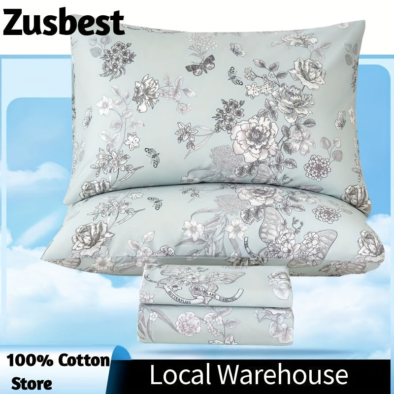 Zusbest 4pcs 100% Cotton Floral Bed Sheets Set Cotton Luxury Toile Sheets Light Green French Country Bedding, Soft Crisp, Butterfly Pattern Shabby Vintage Deep Pocket Fitted Sheet 17.5'' for All Season, Full\u002FQueen\u002FKing\u002FCal King