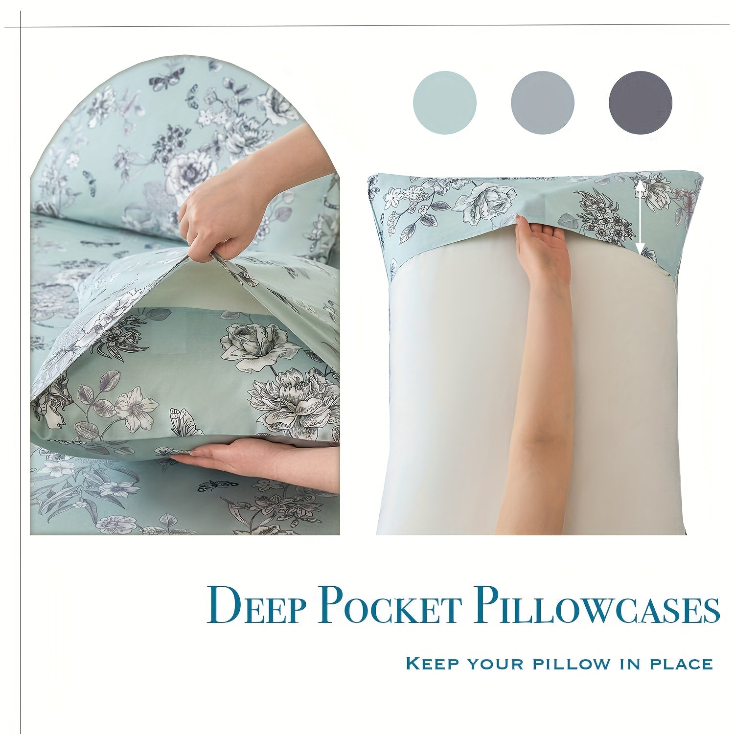 Zusbest 4pcs 100% Cotton Floral Bed Sheets Set Cotton Luxury Toile Sheets Light Green French Country Bedding, Soft Crisp, Butterfly Pattern Shabby Vintage Deep Pocket Fitted Sheet 17.5'' for All Season, Full\u002FQueen\u002FKing\u002FCal King