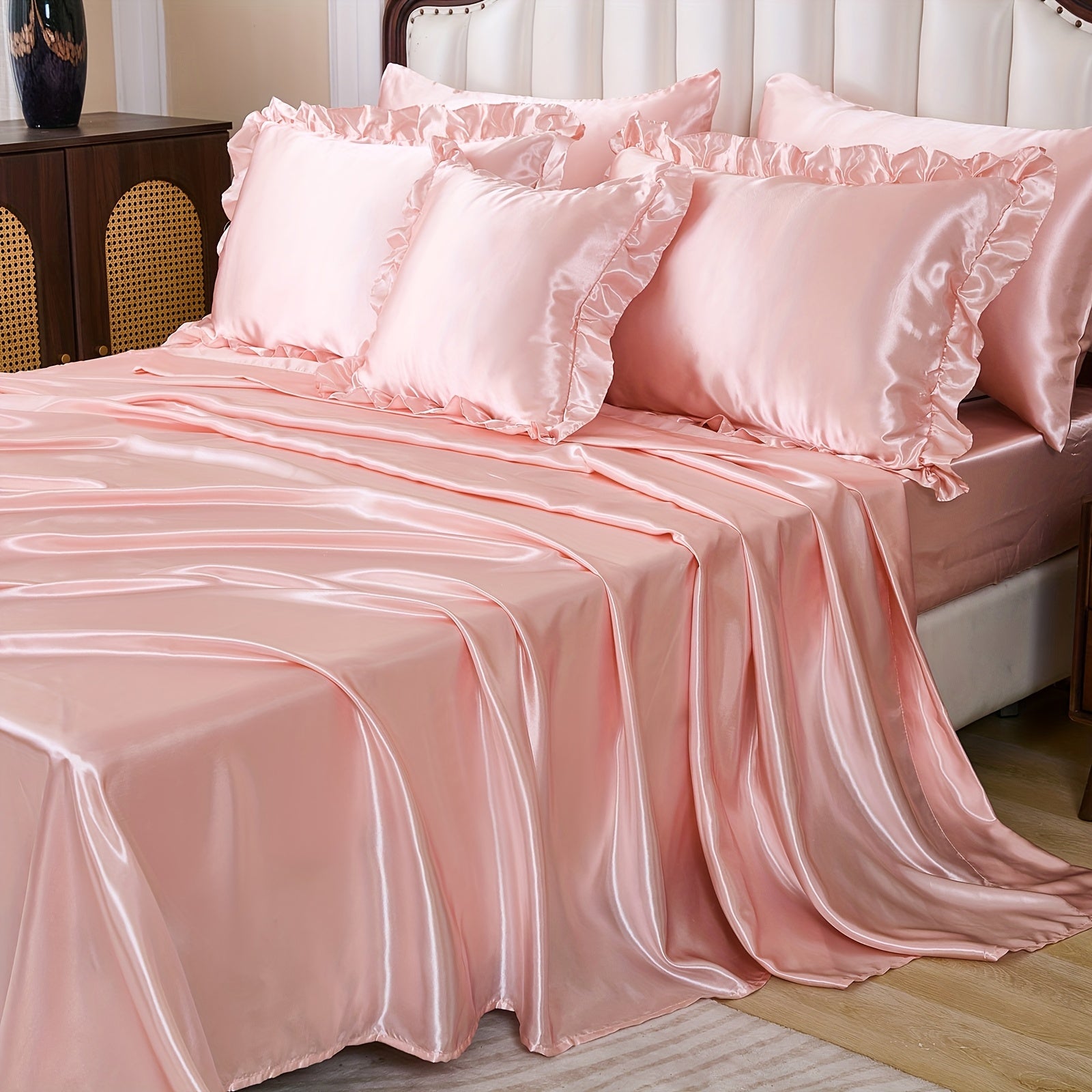 Pink Silky Comforter Set, Queen Size 8pcs Grid Pleated Ruffle Silky Like Bed In A Bag Bedding