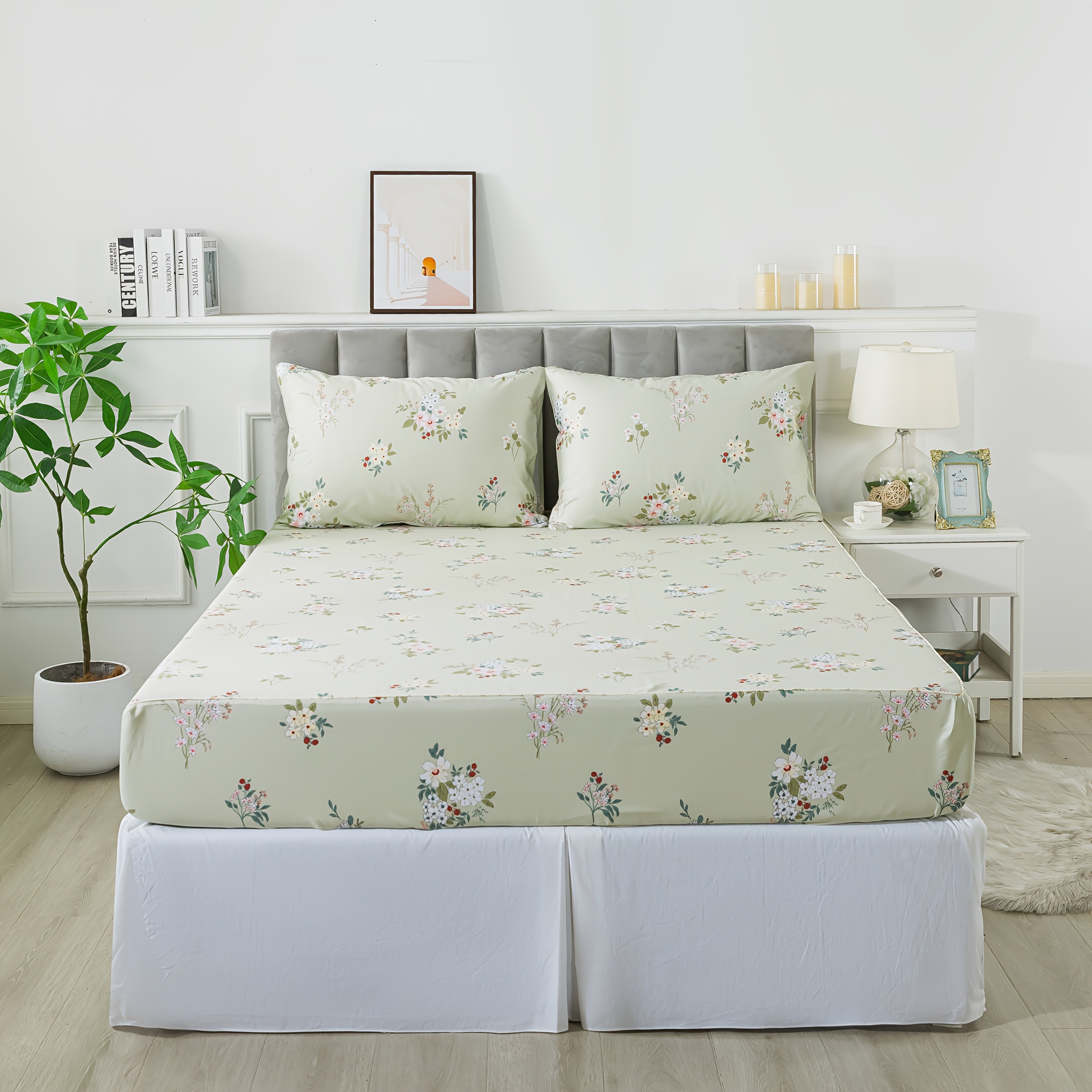 Floral Bed Sheet Set Percale Cotton Shabby Vintage Chic Rose Deep Pocket Sheets Sage Green Flower Printed Luxury Bedding Super Soft Breathable 4pcs