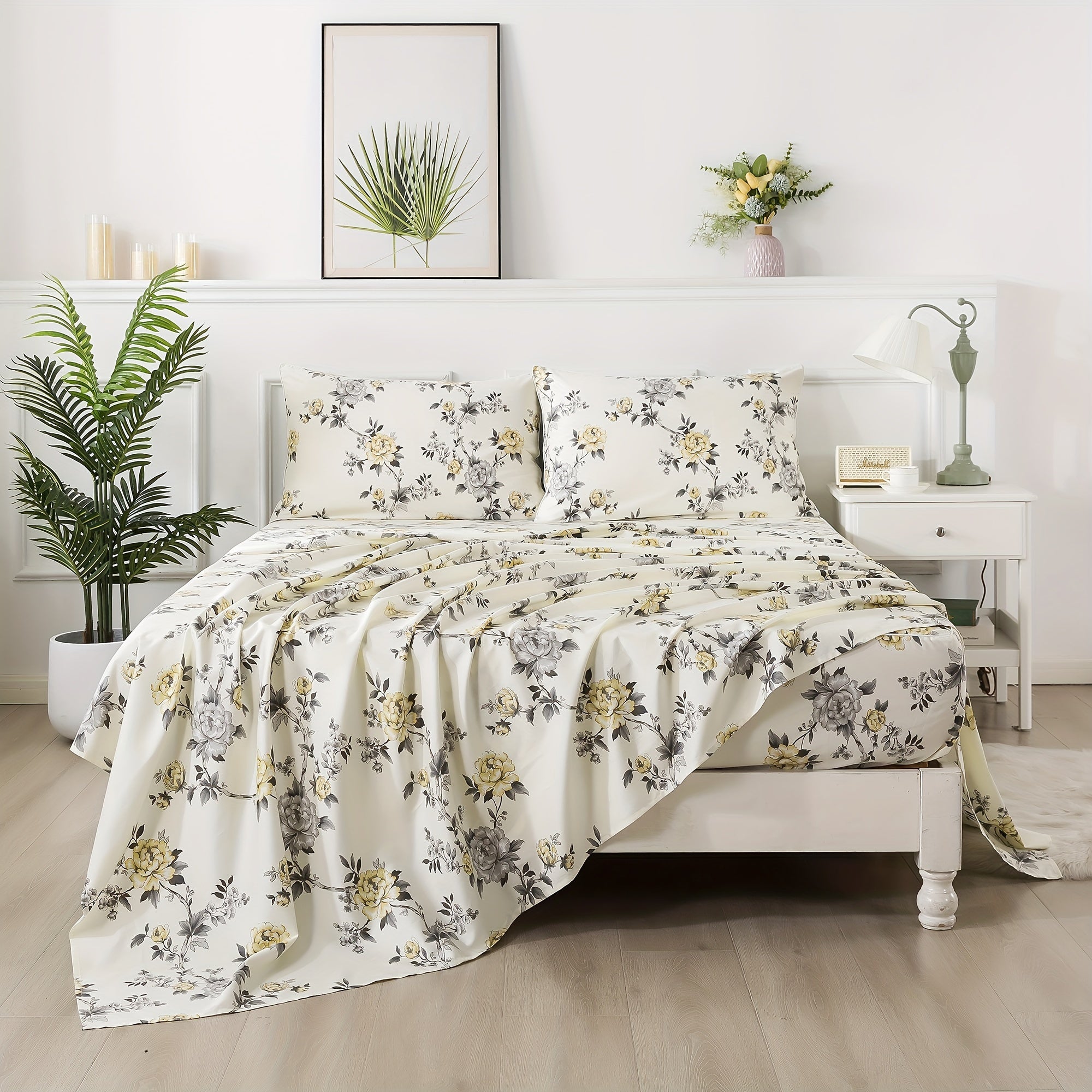 4pcs Floral Sheets Set Vintage Rose Floral Bedding Shabby Grey and Yellow Peony Sheets Elegant Farmhouse Bedding 800 Thread Count 100% Egyptian Soft Deep Pocket Fitted Sheet High Quality All Season