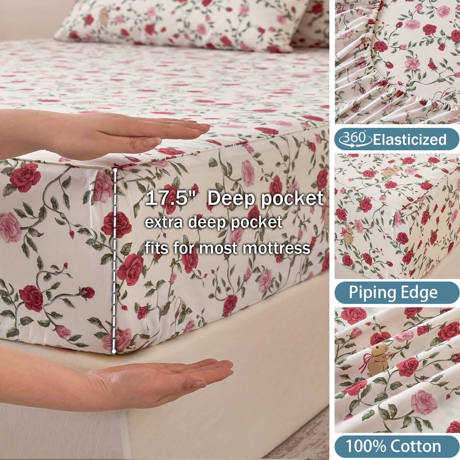 Huborise Rose Floral Bed Sheets Set 100% Cotton Pink Percale Sheets Shabby Vintage Cute Flower Patterned Sheets, Soft & Breathable Coquette Bedding, Deep Pocket Fitted Sheet 17.5\
