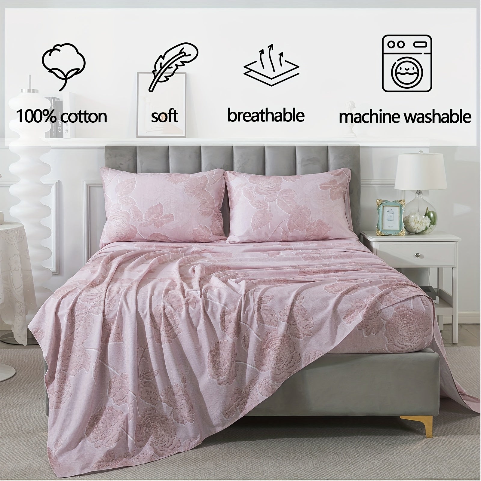 Pink Vintage Floral Sheets Set 100% Brushed Cotton Shabby Rose Flower Pattern Bedding Set Deep Pocket Sheets With 2 Pillowcases Luxury Breathable Soft 4pcs