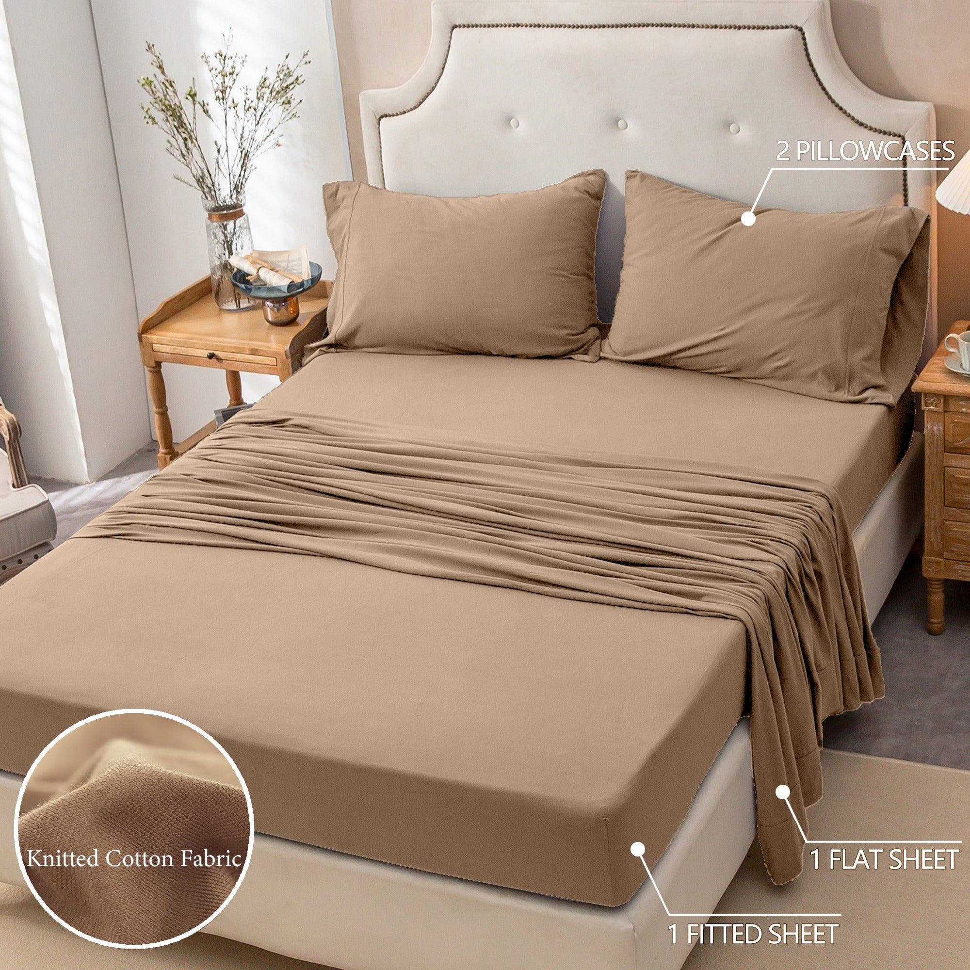 4-Piece Jersey Knit Fitted Sheet Set ( 1*Deep Pocket Flat Sheet + 1* Fitted Sheet + 2*Pillowcases, Without Core) - 100% T-Shirt Cotton,, Ultra-Soft .Machine Washable,Breathable, Comfortable, For Bedroom, Guest Room (Q\u002FK