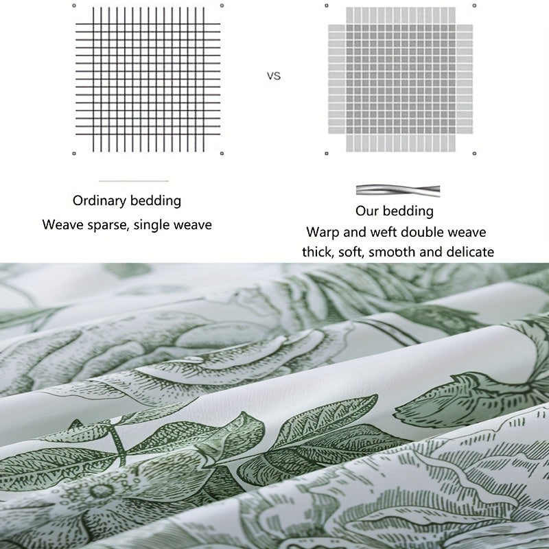 Elegant Peony Floral 4pcs Bedding Set - Soft & Breathable 100% Egyptian Cotton, Deep Pocket Fitted Sheet and Pillowcases (1 Flat Sheet + 2 Pillowcases) - Vintage White & Green, Perfect for All Seasons, Machine Washable, Twin Size