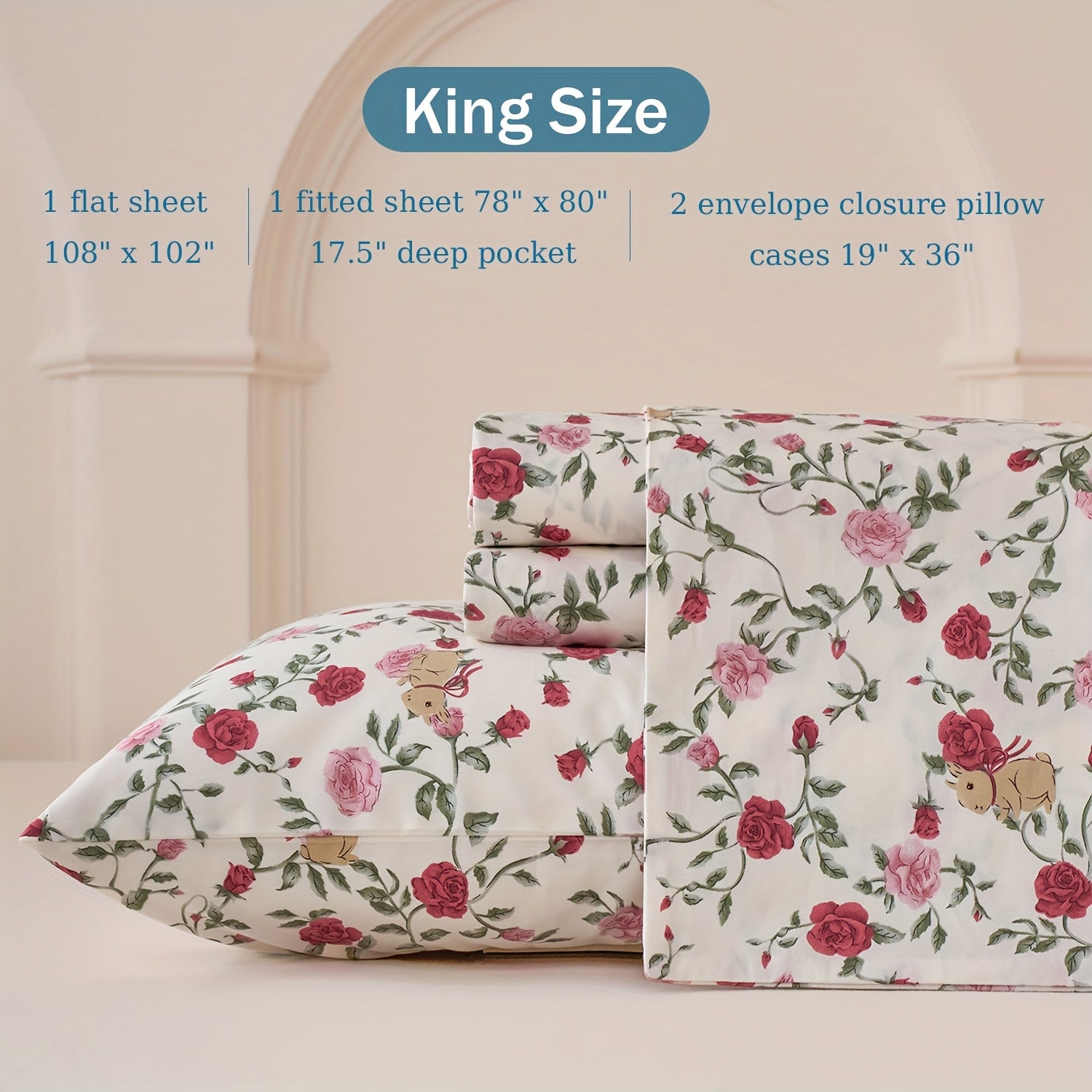 Huborise Rose Floral Bed Sheets Set 100% Cotton Pink Percale Sheets Shabby Vintage Cute Flower Patterned Sheets, Soft & Breathable Coquette Bedding, Deep Pocket Fitted Sheet 17.5\
