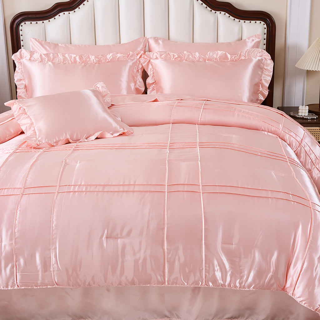 Pink Silky Comforter Set, Queen Size 8pcs Grid Pleated Ruffle Silky Like Bed In A Bag Bedding