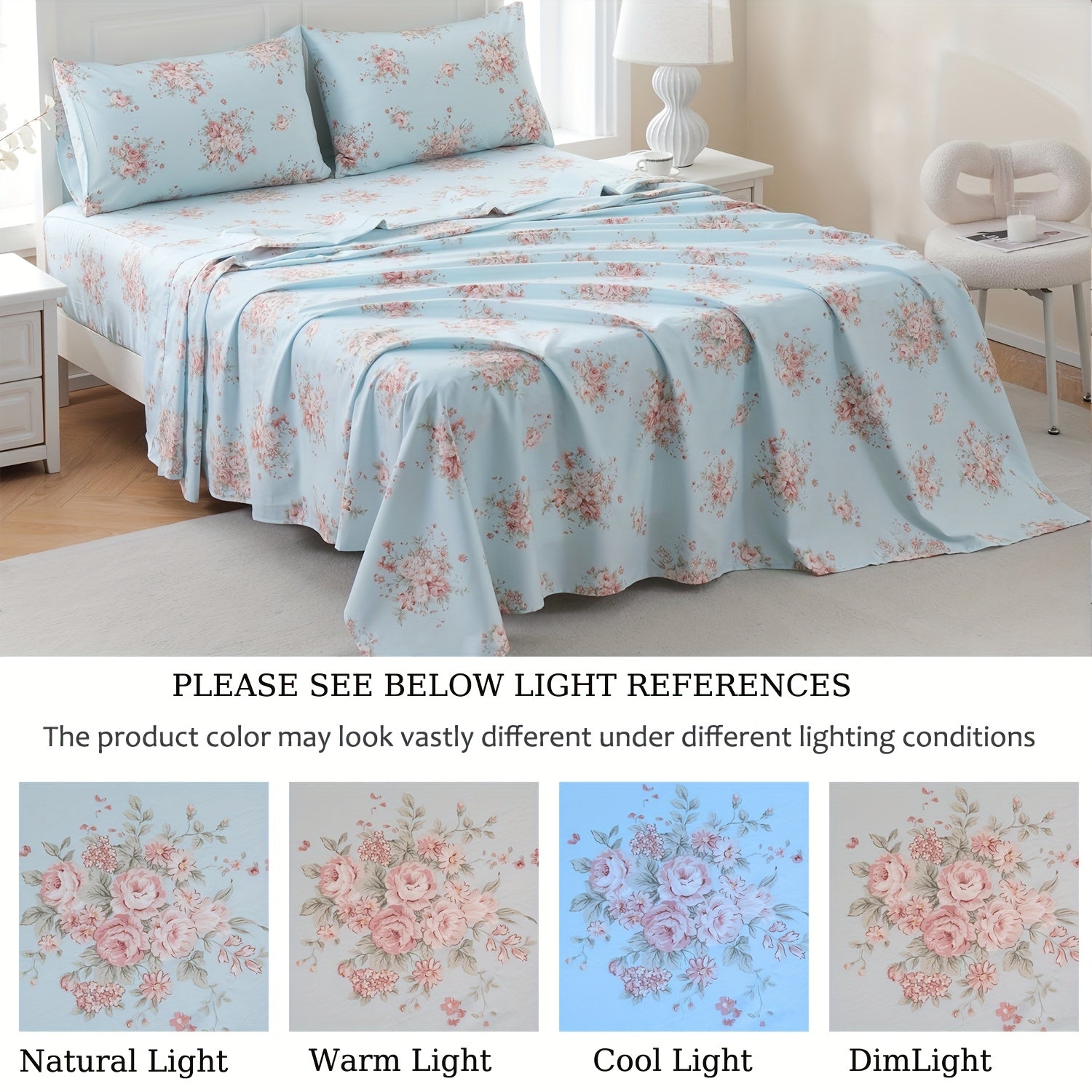 Zusbest 4pcs 100% Cotton Blue Floral Bed Sheets Set Luxury Shabby French Country Pink Flower Printed Deep Pocket Fitted Sheet For All Season, Soft Breathable Crisp For Hot Sleeper, Full\u002FQueen\u002FKing\u002FCal King