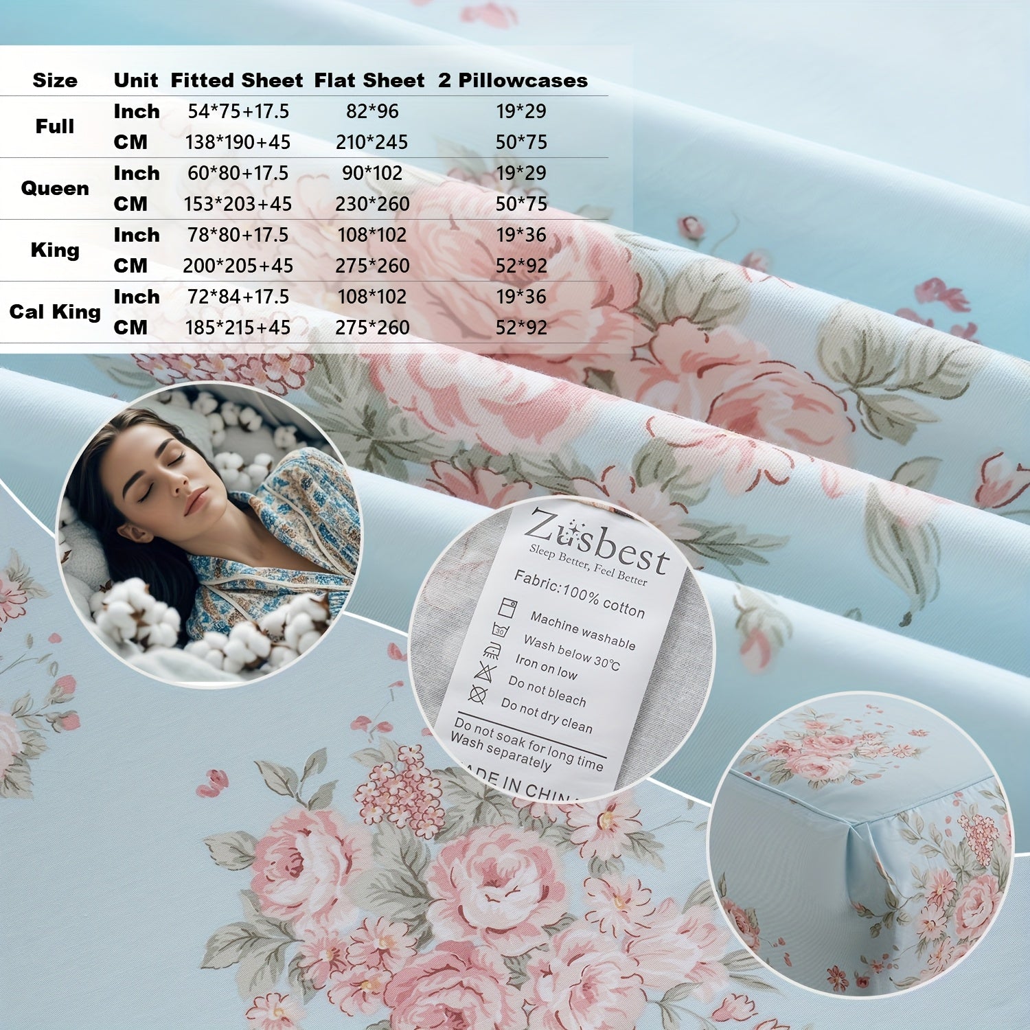 Zusbest 4pcs 100% Cotton Blue Floral Bed Sheets Set Luxury Shabby French Country Pink Flower Printed Deep Pocket Fitted Sheet For All Season, Soft Breathable Crisp For Hot Sleeper, Full\u002FQueen\u002FKing\u002FCal King