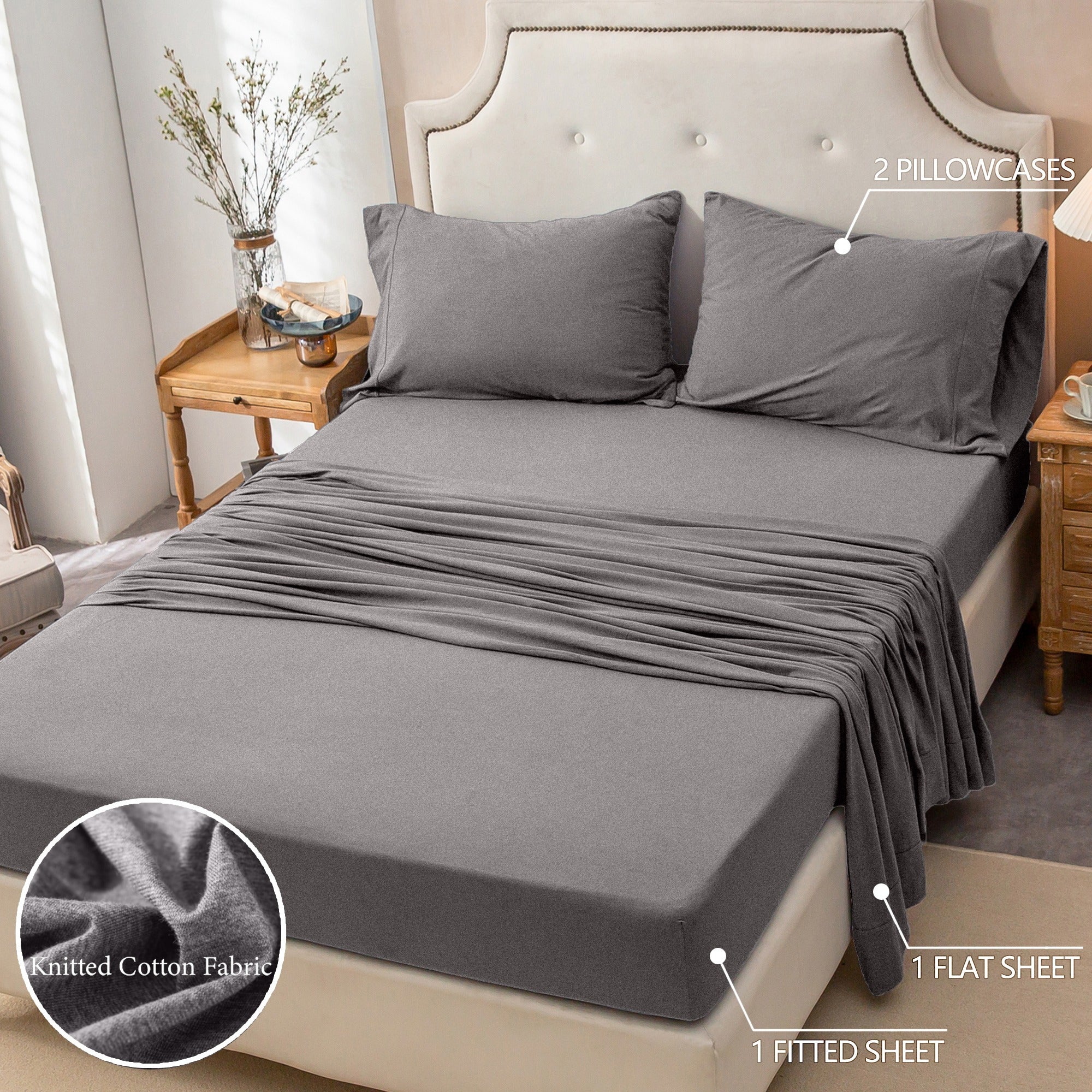 4-Piece Jersey Knit Fitted Sheet Set ( 1*Deep Pocket Flat Sheet + 1* Fitted Sheet + 2*Pillowcases, Without Core) - 100% T-Shirt Cotton,, Ultra-Soft .Machine Washable,Breathable, Comfortable, For Bedroom, Guest Room (Q\u002FK