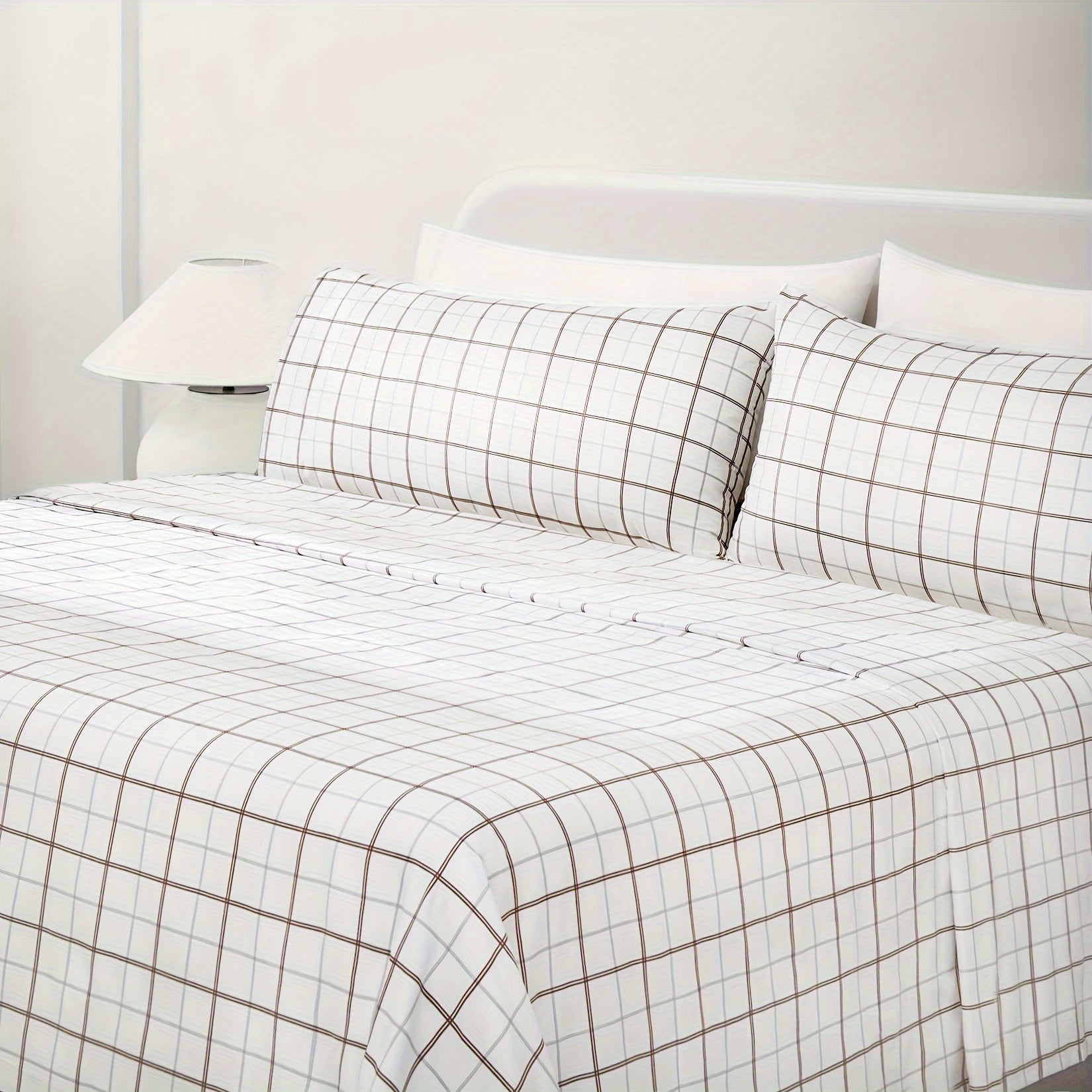 200TC Hotel Luxury Taupe Plaid Queen\u002FKing Size Sheet Set, 100% Combed Cotton Sheets, 15\