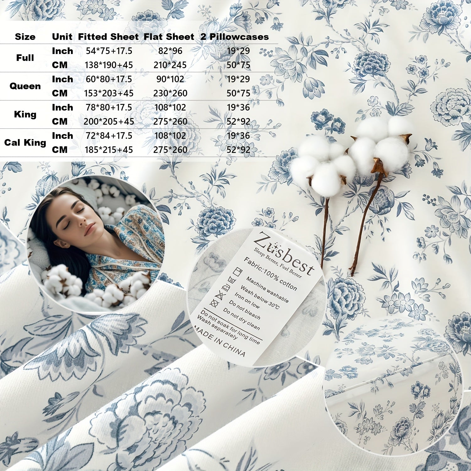Zusbest 4pcs 100% Cotton Floral Bed Sheets Set Cotton Luxury toile Sheets Light Blue French Country Bedding, Soft Crisp, Flower Pattern Shabby Vintage Deep Pocket Fitted Sheet 17.5'' for All Season, Full\u002FQueen\u002FKing\u002FCal King