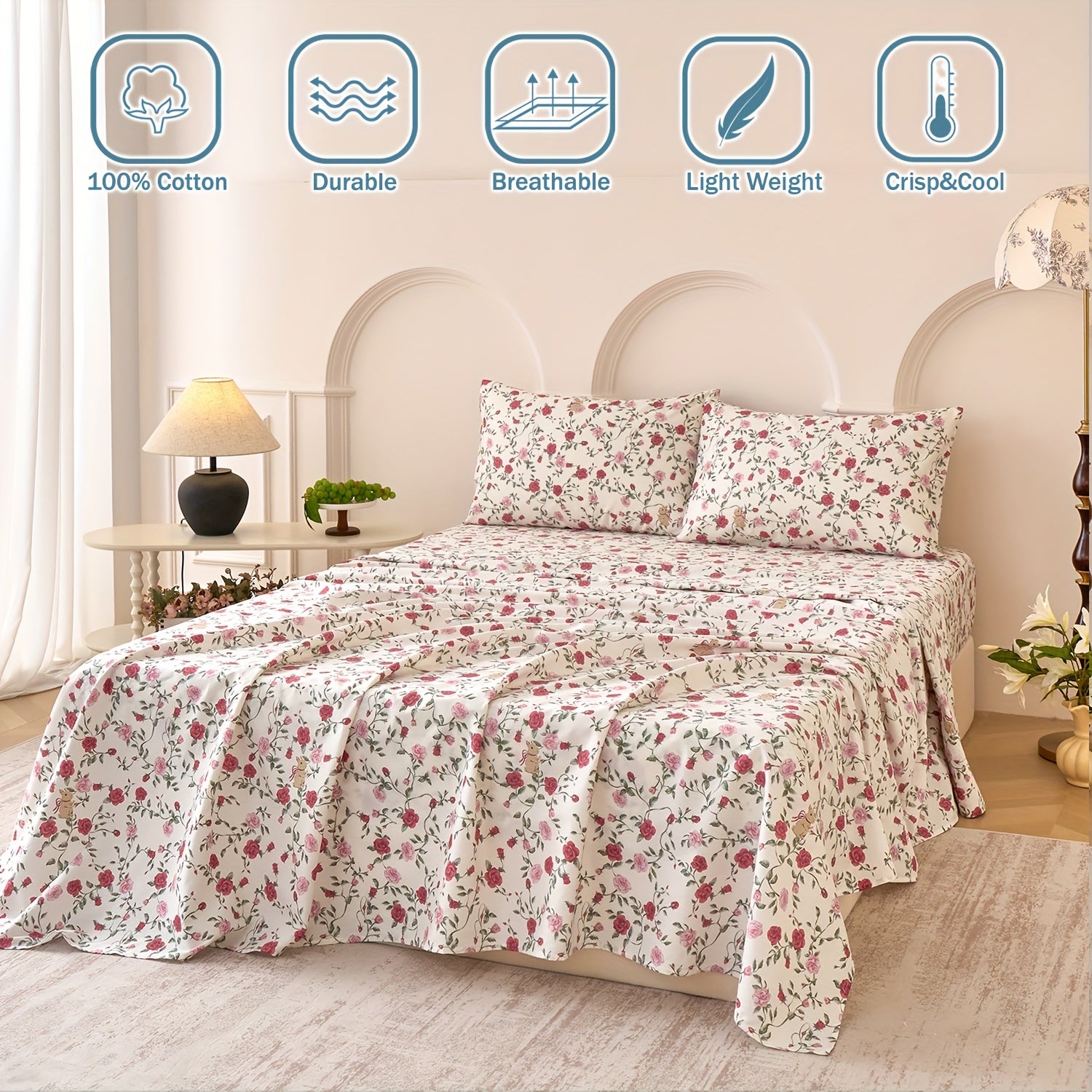 Huborise Rose Floral Bed Sheets Set 100% Cotton Pink Percale Sheets Shabby Vintage Cute Flower Patterned Sheets, Soft & Breathable Coquette Bedding, Deep Pocket Fitted Sheet 17.5\